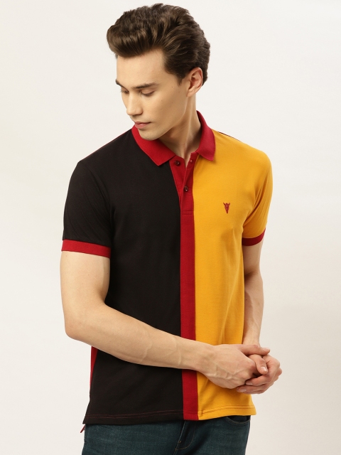 

GHPC Men Black & Mustard Yellow Slim Fit Colourblocked Polo Collar T-shirt