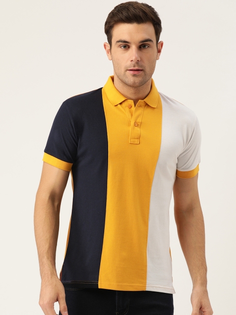 

GHPC Men Mustard Yellow & Navy Blue Slim Fit Colourblocked Polo Collar T-shirt