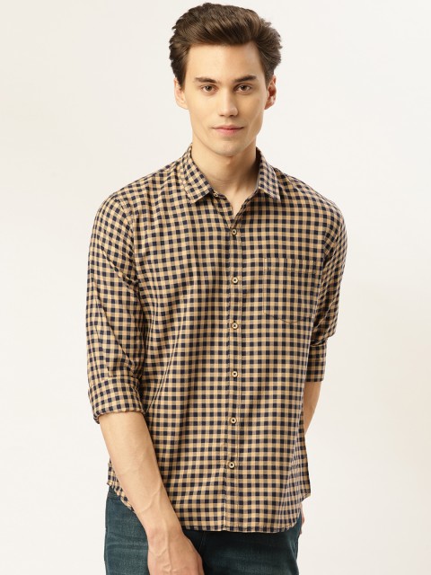 

GHPC Men Beige & Navy Blue Comfort Slim Fit Checked Casual Shirt