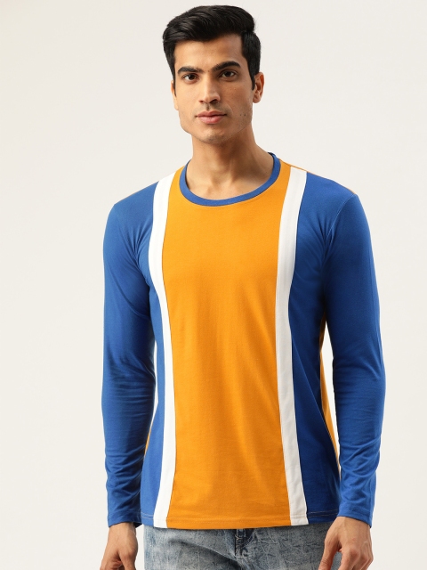 

GHPC Men Mustard Yellow & Blue Colourblocked Slim Fit Round Neck T-shirt