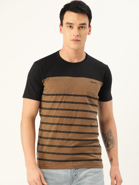 

GHPC Men Brown & Black Striped Slim Fit Round Neck T-shirt