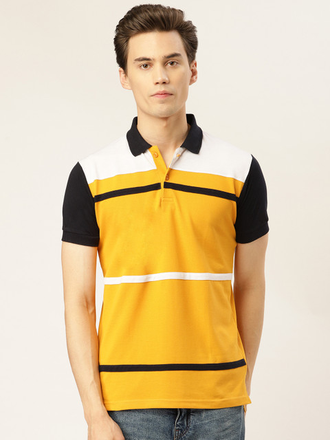 

GHPC Men Mustard Yellow & Navy Blue Striped Polo Collar T-shirt