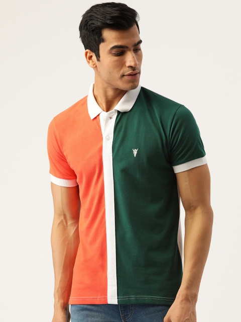 

GHPC Men Coral Orange & Green Slim Fit Colourblocked Polo Collar T-shirt