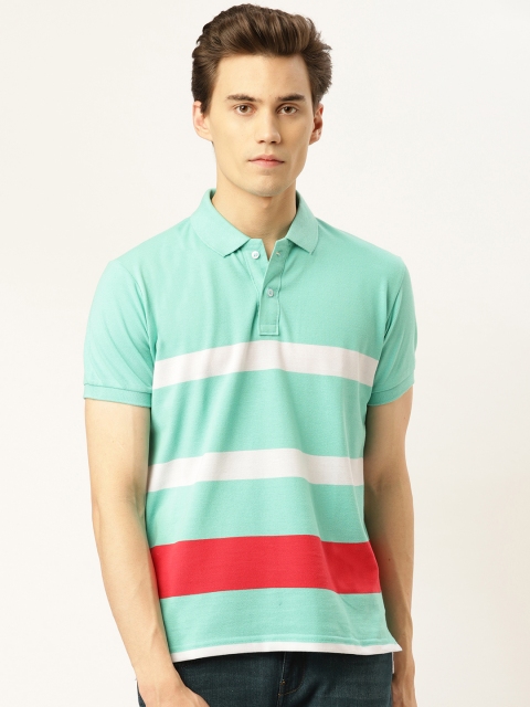 

GHPC Men Sea Green & White Striped Slim Fit Polo Collar T-shirt