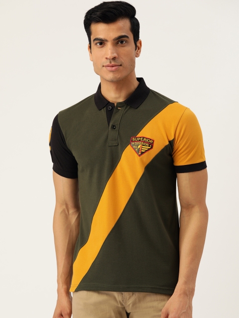 

GHPC Men Olive Green & Mustard Yellow Colourblocked Slim Fit Polo Collar T-shirt