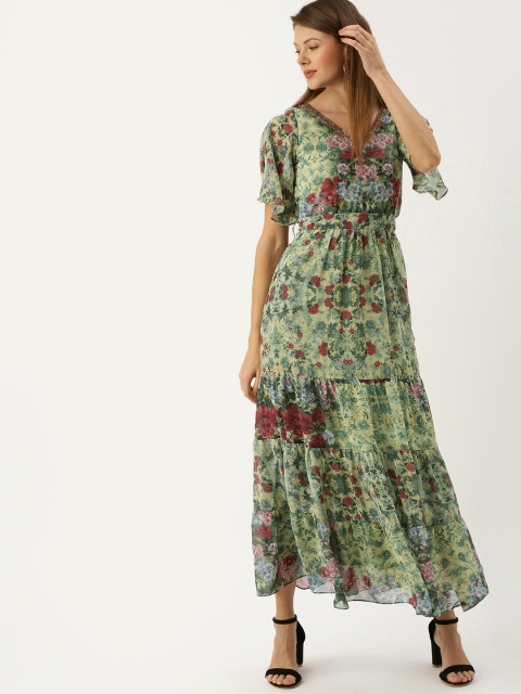 

AND Women Yellow & Green Printed Fit and Flare Dress with Embellished & Tie-Up Detail
