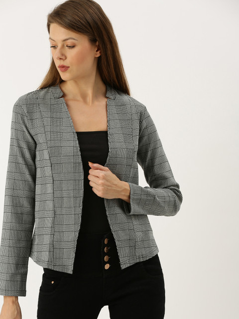 

AND Women Black & White Self-Checked Open Front Jacket