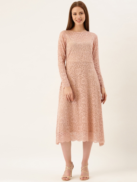 

AND Women Pink Self Design A-Line Lace Dress with Tie-Up Detail