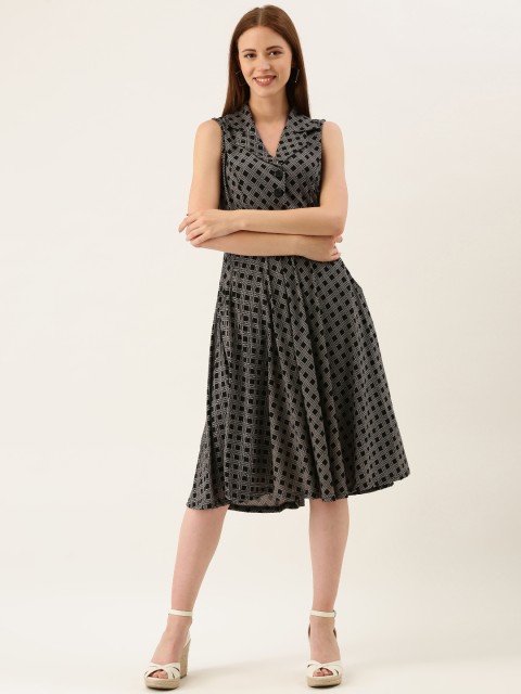 

AND Women Black & White Checked Fit and Flare Dress