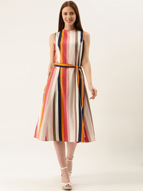 

AND Women Multicoloured Candy Striped Fit and Flare Dress, Multi