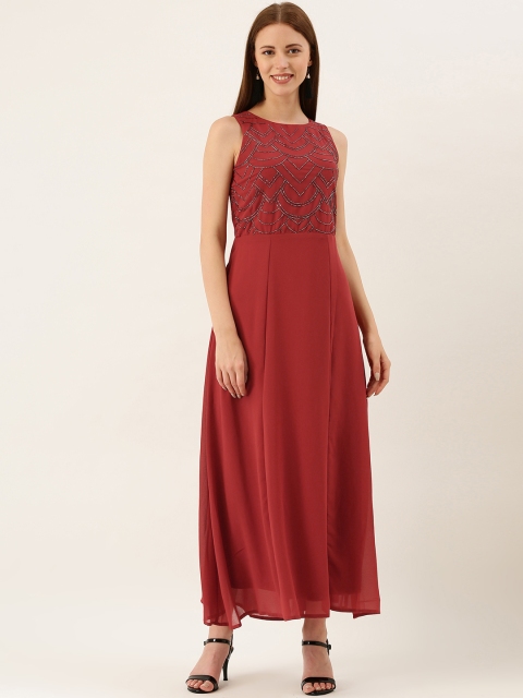 

AND Women Rust Red Embellished Maxi Dress with Smocked Detail