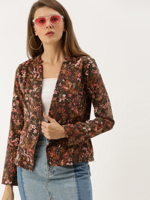 

AND Women Brown & Pink Printed Open Front Jacket