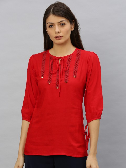

YASH GALLERY Women Red Solid Top With Tie-Up Neck