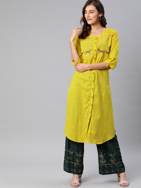 

Neerus Women Mustard Yellow Quirky Embroidered Straight Kurta