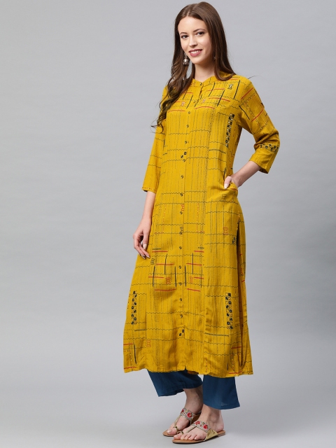 

Neerus Women Mustard Yellow & Blue Printed Straight Fusion Kurta