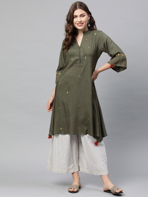 

Neerus Women Olive Green Embroidered A-Line Asymmetric Kurta WIth Tassel Detail