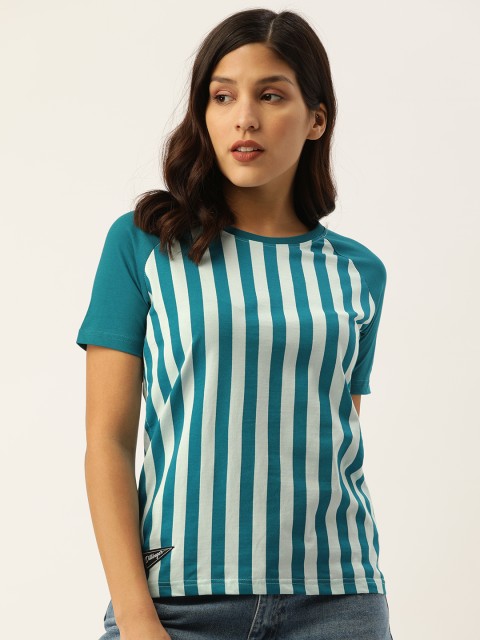 

DILLINGER Women Teal Blue Striped Round Neck Pure Cotton T-shirt
