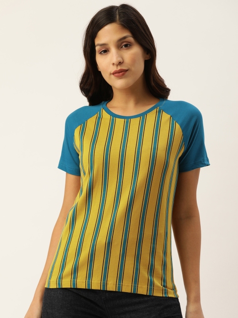 

DILLINGER Women Mustard Yellow Teal Blue Striped Round Neck Pure Cotton T-shirt
