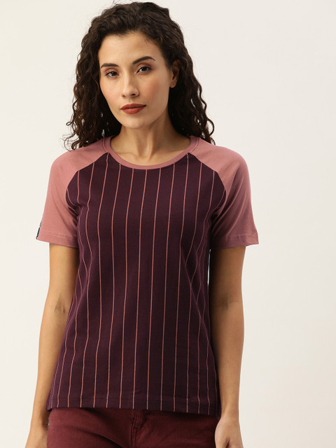 

DILLINGER Women Maroon Mauve Striped Round Neck Pure Cotton T-shirt