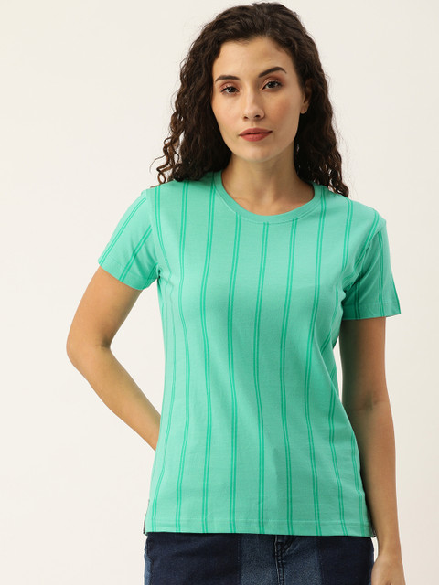 

DILLINGER Women Sea Green Striped Round Neck Pure Cotton T-shirt