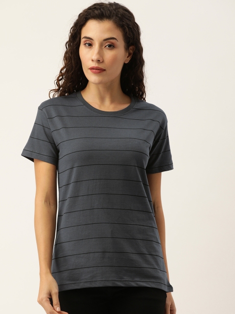 

DILLINGER Women Charcoal Grey & Black Striped Round Neck T-shirt