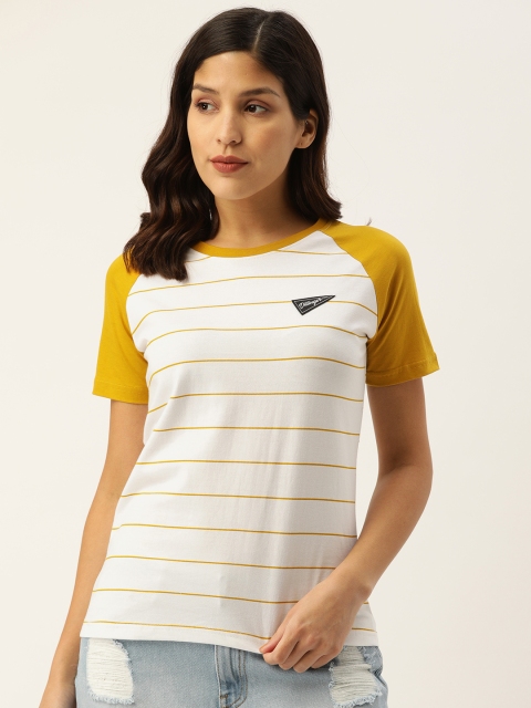 

DILLINGER Women White & Mustard Yellow Striped Round Neck T-shirt