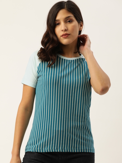 

DILLINGER Women Teal Blue Cream-Coloured Striped Round Neck Pure Cotton T-shirt