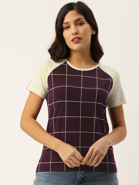 

DILLINGER Women Burgundy Cream-Coloured Checked Round Neck Pure Cotton T-shirt