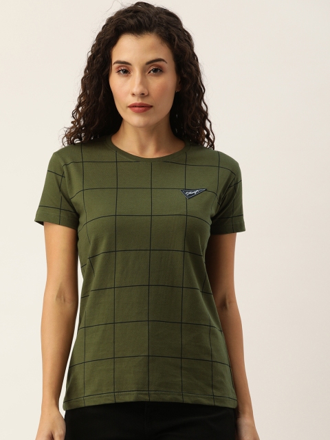 

DILLINGER Women Olive Green & Black Checked Round Neck T-shirt