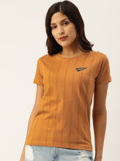 

DILLINGER Women Mustard Brown Orange Striped Round Neck Pure Cotton T-shirt