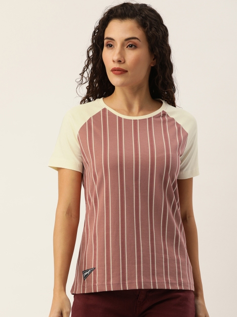 

DILLINGER Women Pink Cream Striped Round Neck Pure Cotton T-shirt