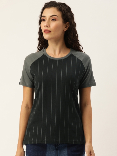 

DILLINGER Women Black Grey Striped Round Neck Pure Cotton T-shirt