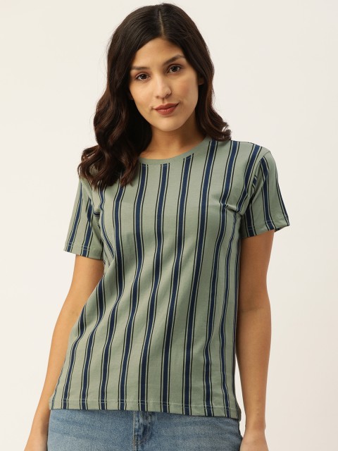 

DILLINGER Women Grey Navy Blue Striped Round Neck Pure Cotton T-shirt