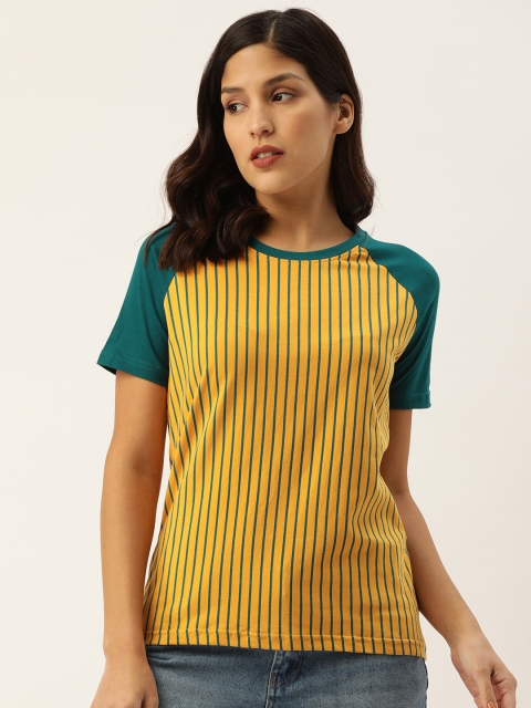 

DILLINGER Women Mustard Yellow Teal Green Striped Round Neck Pure Cotton T-shirt