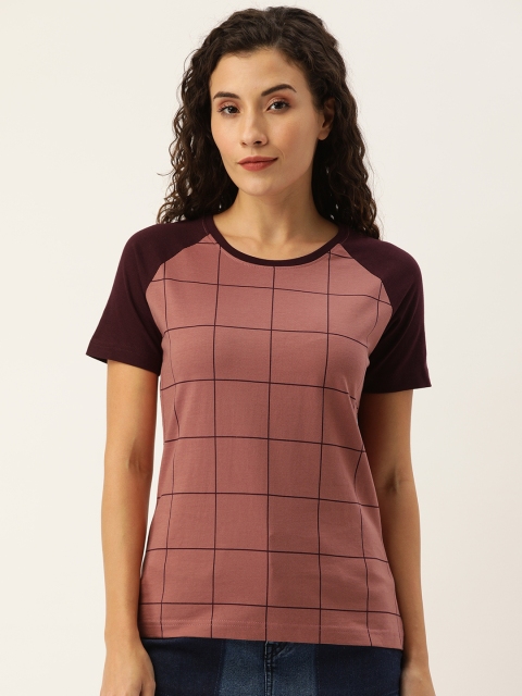 

DILLINGER Women Pink Burgundy Checked Round Neck Pure Cotton T-shirt