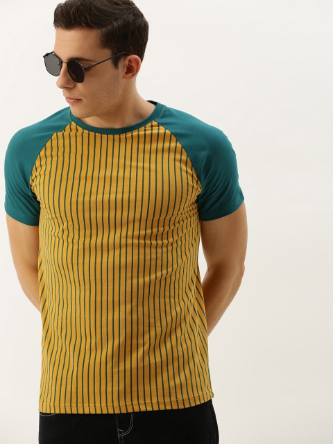

DILLINGER Men Mustard Yellow & Teal Green Striped Round Neck T-shirt