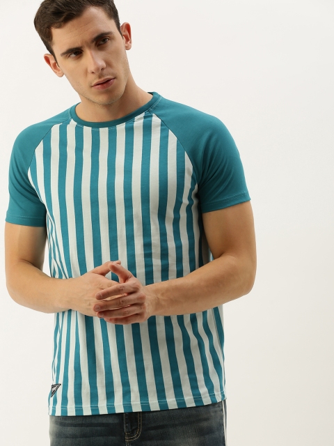 

DILLINGER Men Teal Blue Striped Round Neck Pure Cotton T-shirt
