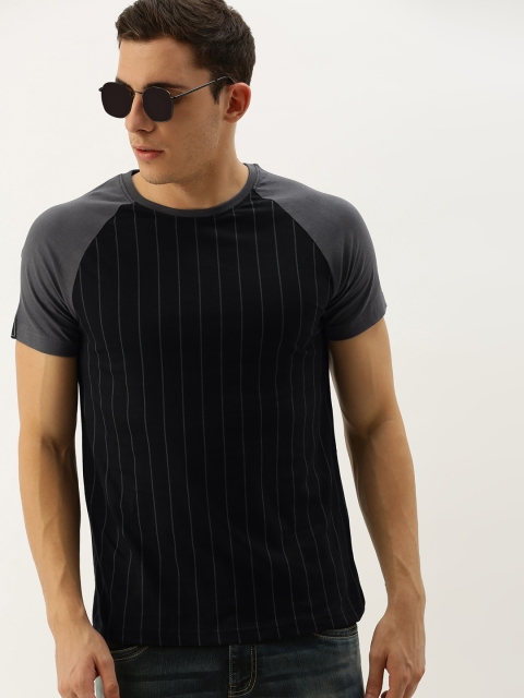 

DILLINGER Men Black Grey Striped Regular Fit Round Neck Pure Cotton T-shirt