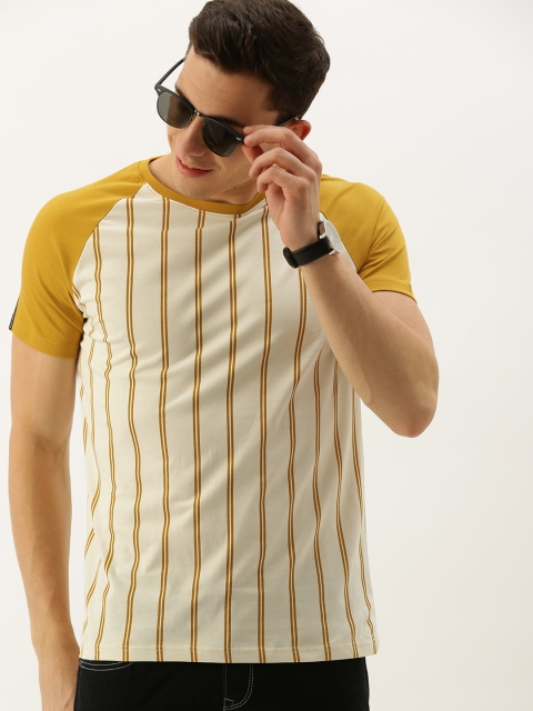 

DILLINGER Men Mustard Yellow & Off-White Striped Round Neck T-shirt