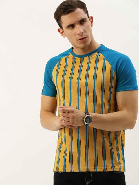 

DILLINGER Men Mustard Yellow Blue Striped Round Neck Pure Cotton T-shirt