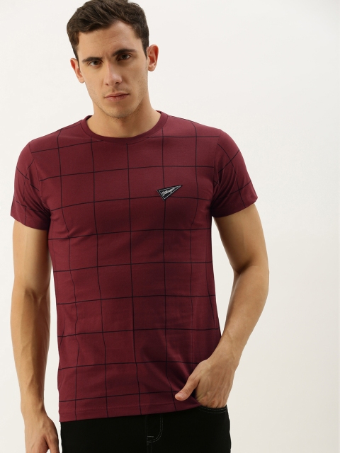 

DILLINGER Men Maroon Black Checked Regular Fit Round Neck Pure Cotton T-shirt