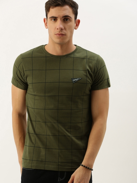 

DILLINGER Men Olive Green & Black Checked Regular Fit Round Neck T-shirt