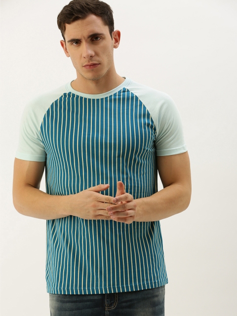 

DILLINGER Men Teal Blue Off-White Striped Round Neck Pure Cotton T-shirt