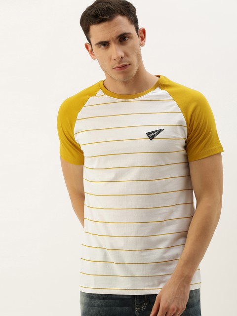 

DILLINGER Men White Mustard Yellow Striped Round Neck Pure Cotton T-shirt