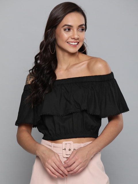 

HERE&NOW Women Black Solid Bardot Crop Top