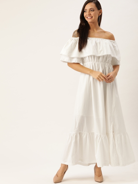 

HERE&NOW Women Off-White Solid Off-Shoulder Layered Maxi Dress