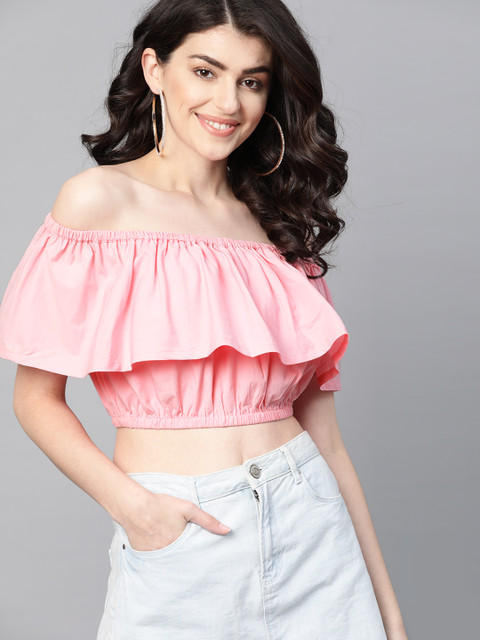 

HERE&NOW Women Pink Solid Off-Shoulder Layered Bardot Crop Pure Cotton Top