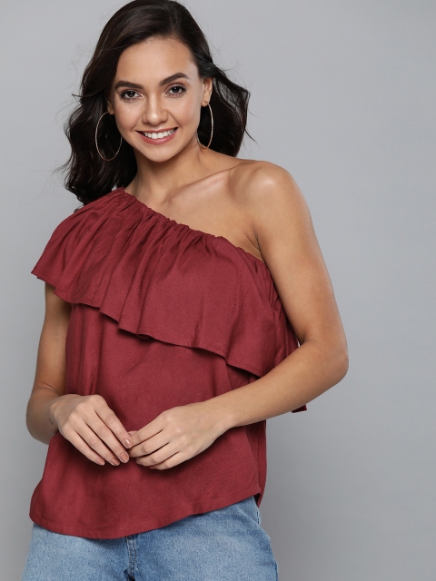 

HERE&NOW Women Maroon One-Shoulder Solid Top