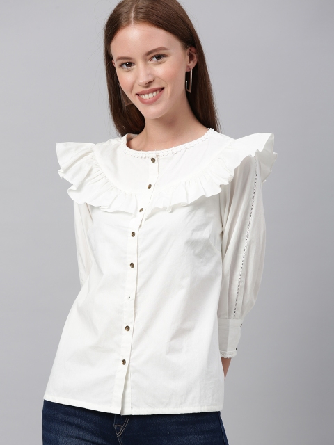 

HERE&NOW Women White Solid Pure Cotton Top with Ruffles