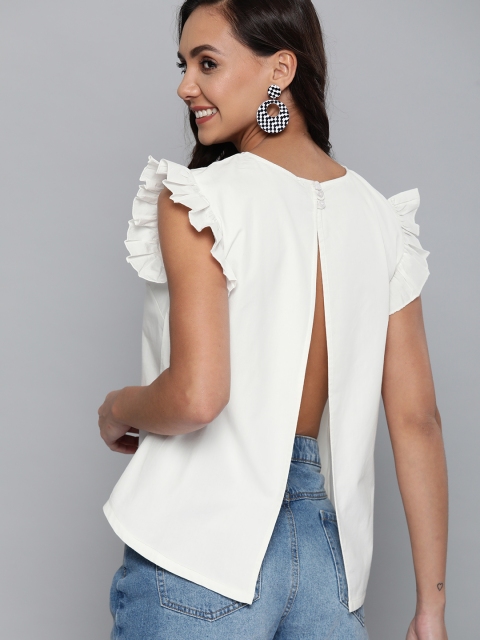 

HERE&NOW Women White Solid Styled Back Pure Cotton Top